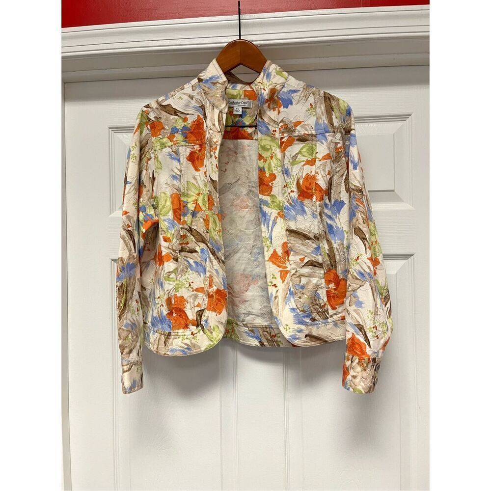 Coldwater Creek Orange & Green Abstract Texture Floral Print Open Front Jacket s
